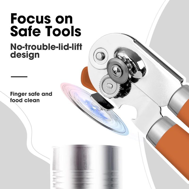 Beneno Heavy Duty Hand Can Opener Manual with Magnet, Durable Sharp Carbon Steel Blade Smooth Cutting, Big Effort-Saving Knob, Soft Grip Handle, Multifunctional Kitchen Tool with Bottle Opener, Orange - Image 5